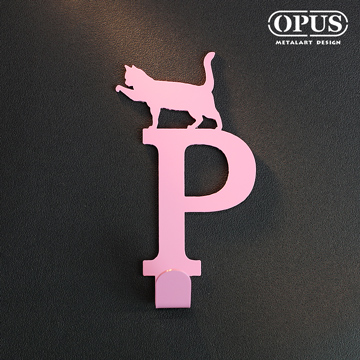 【OPUS東齊金工】當貓咪遇上字母P(粉) 壁飾掛勾 傢飾掛架生活收納衣架造型掛鉤無痕 HO-ca10-P(P)