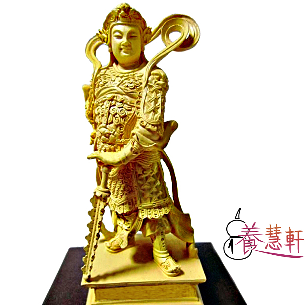 【養慧軒】金剛砂陶土精雕佛像--韋駝護法(木色盒裝、含底座)