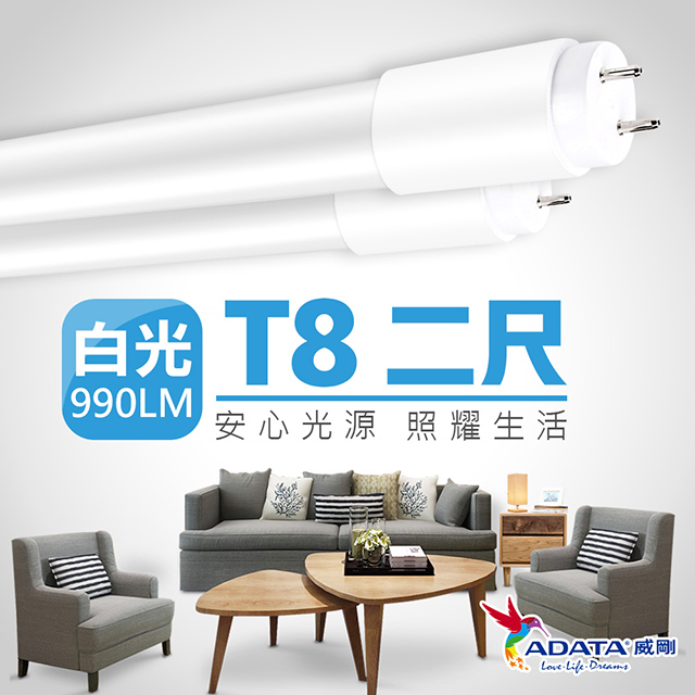 【ADATA威剛】9W 高效 T8 2尺 LED玻塑燈管_25入組經濟包(白光)