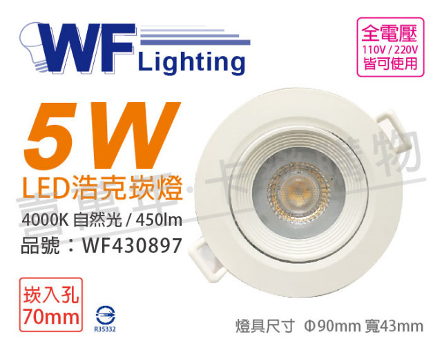 (2入) 舞光 LED 5W 4000K 自然光 36度 7cm 全電壓 白殼 可調角度 浩克崁燈_WF430897