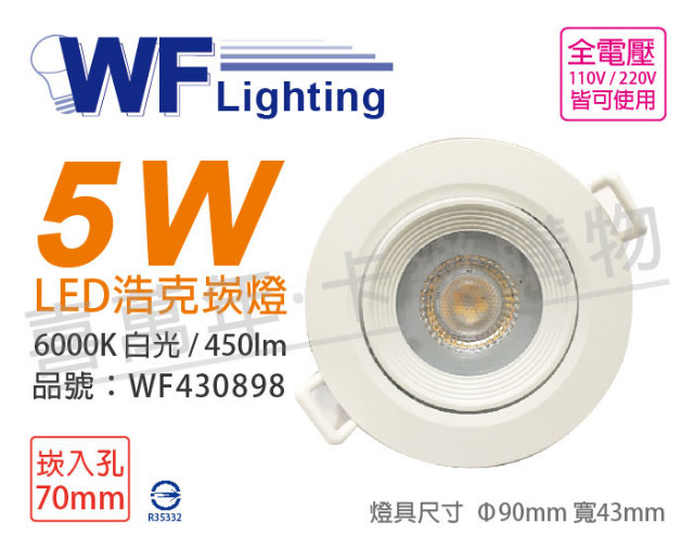 (2入) 舞光 LED 5W 6000K 白光 36度 7cm 全電壓 白殼 可調角度 浩克崁燈_WF430898
