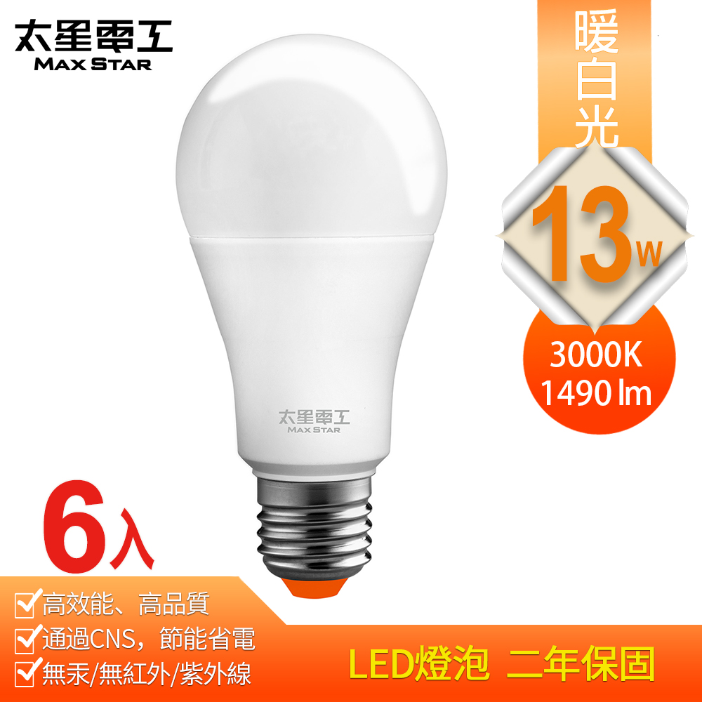 【太星電工】13W超節能LED燈泡/暖白光(6入) A813L*6