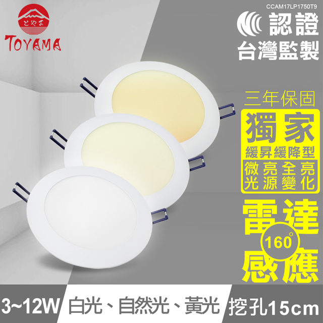 TOYAMA特亞馬 3∼12W超薄LED雷達微波感應崁燈 微亮全亮型 挖孔尺寸15cm(白光、自然光、黃光任選)