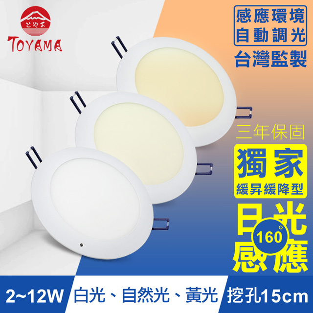 TOYAMA特亞馬 2∼12W超薄LED日光感應自動調光節能崁燈 挖孔尺寸15cm(白光、自然光、黃光任選)
