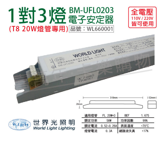 (2入) WORLD LIGHT 世界光 BM-UFL0203 FL 20W 3燈 全電壓 預熱啟動 電子安定器_WL660001