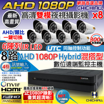 【CHICHIAU】8路AHD 正1080P iCATCH數位監控錄影主機(含1080P 200萬畫素6陣列燈監視器攝影機x8)