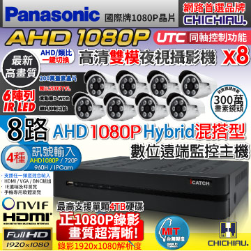 【CHICHIAU】8路AHD 正1080P台製iCATCH監控主機(含Panasonic 1080P 200萬畫素監視器攝影機x8)
