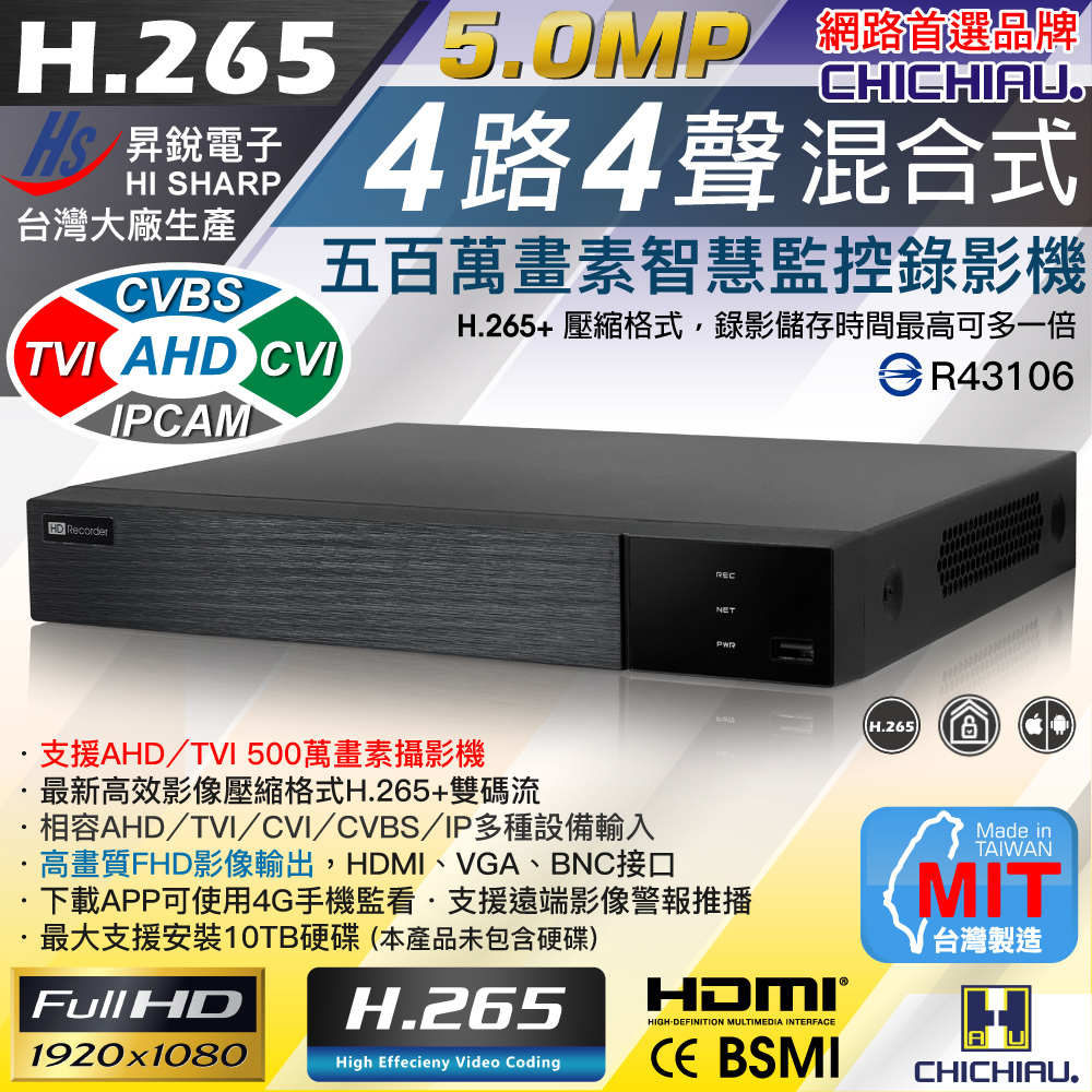 【CHICHIAU】4路1080P AHD-TVI 3合一台製單硬碟款混搭型數位監控錄影主機