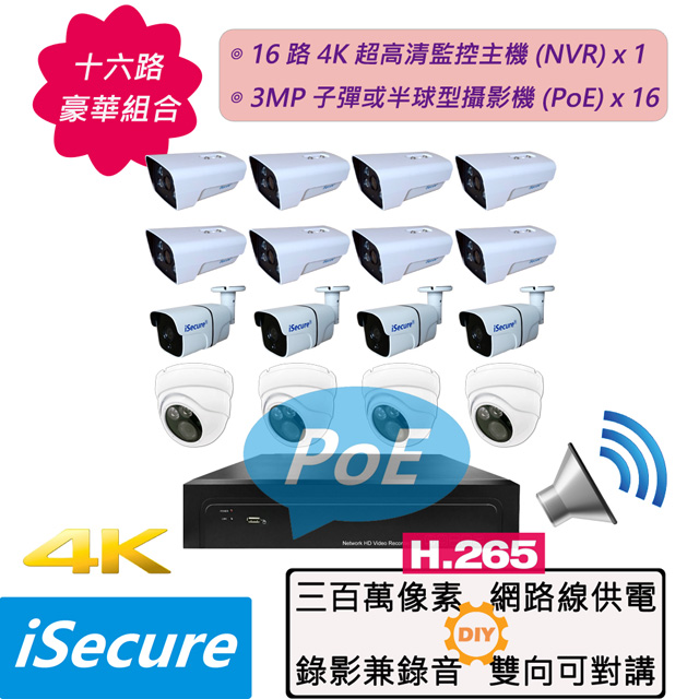 iSecure_16 路監視器組合: 1 部 16 路 4K 網路型監控主機 (NVR) + 16 部 3MP 子彈或半球型攝影機 (PoE)