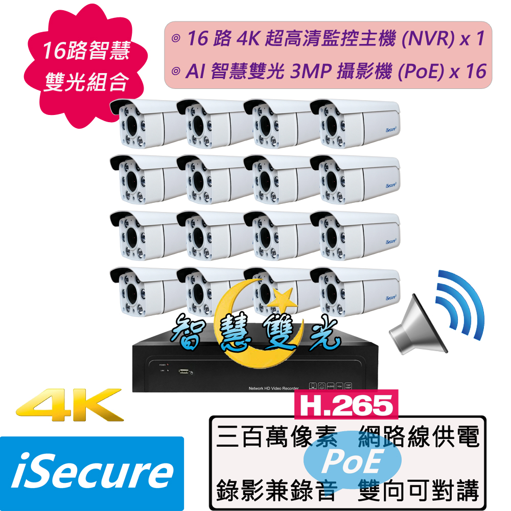 iSecure_16 路監視器組合: 1 部 16 路 4K 網路型監控主機 (NVR) + 16 部 3MP 四燈子彈型攝影機 (PoE)