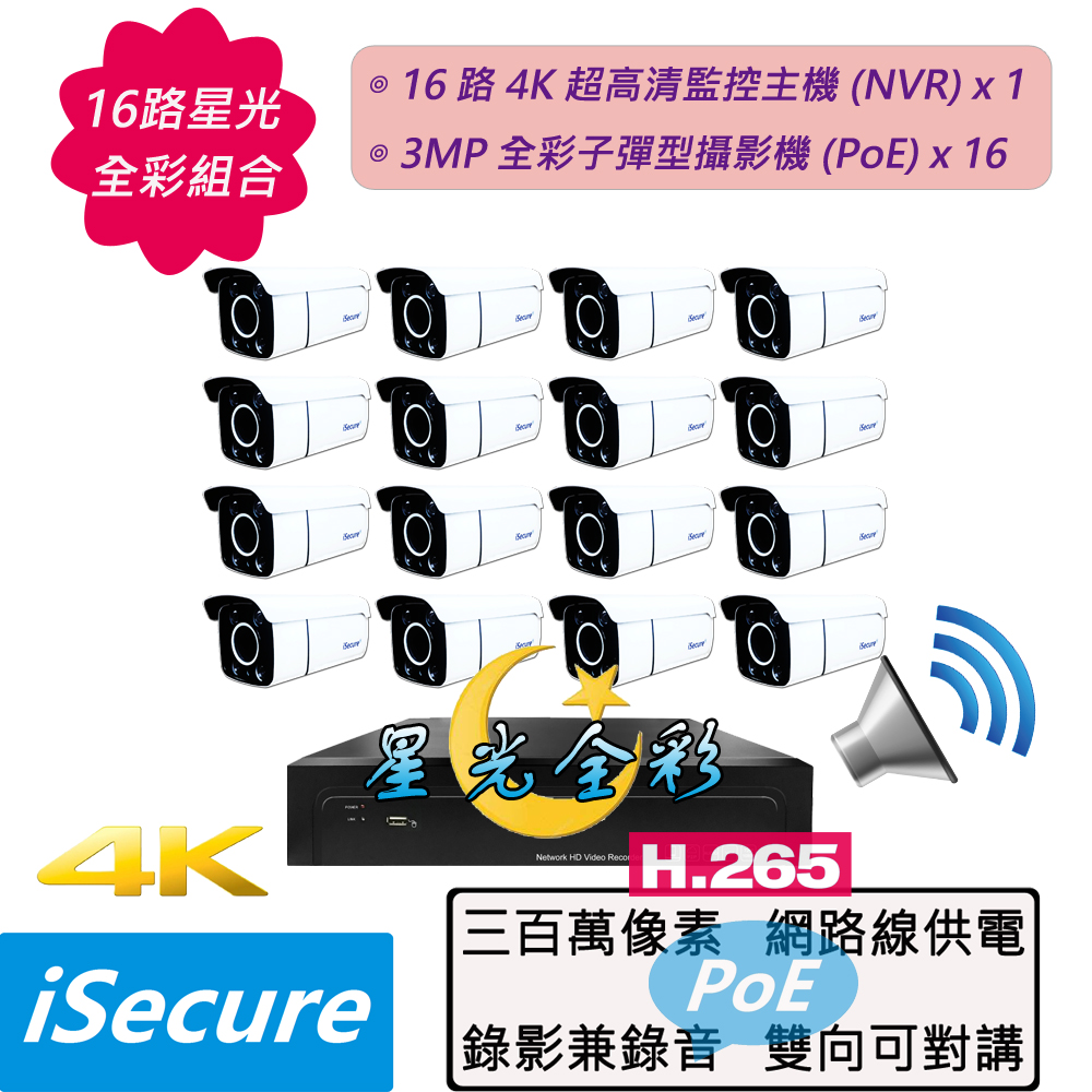 iSecure_16 路監視器組合: 1 部 16 路 4K 網路型監控主機 (NVR) + 16 部 3MP 星光全彩型攝影機 (PoE)