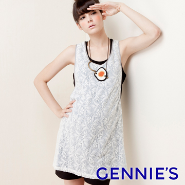 Gennies奇妮 蕾絲挖背長版背心-藍(G3322)