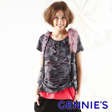Gennies奇妮 破壞感時尚設計春夏上衣-黑/紫(G3148)