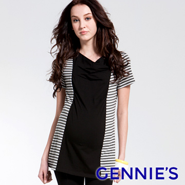 Gennies奇妮 設計感摺飾拼接條紋春夏上衣-黑(C3117)