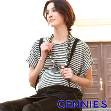 Gennies奇妮 無肩線條紋寬版連袖假兩件吊帶春夏上衣(C3118)
