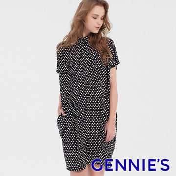 Gennies奇妮 復古圓點連袖長版洋裝-黑底白點(T1F05)
