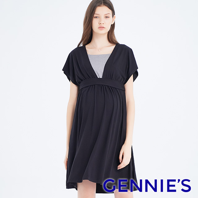 Gennies奇妮 大V領哺乳孕婦洋裝-黑(T1H12)