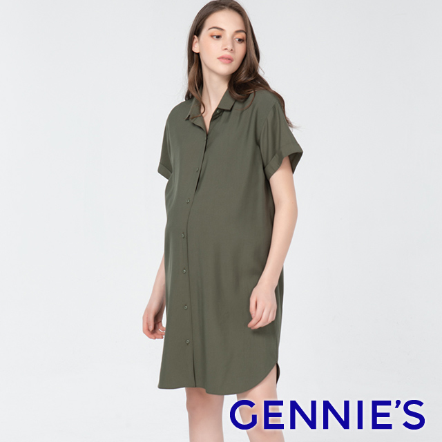 Gennies奇妮 襯衫領率性洋裝(綠T1J12)