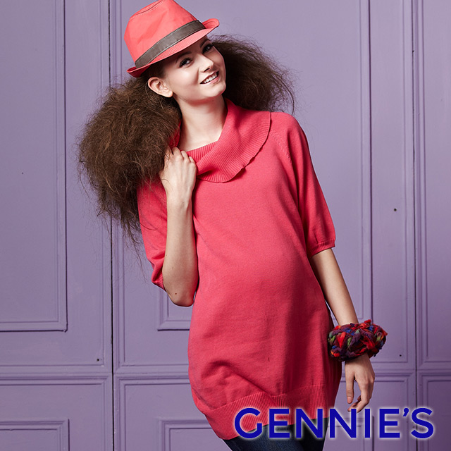 Gennies奇妮 鬆高領棉質針織五分袖上衣-紅/桃紅/紫/灰/深灰(GS202)