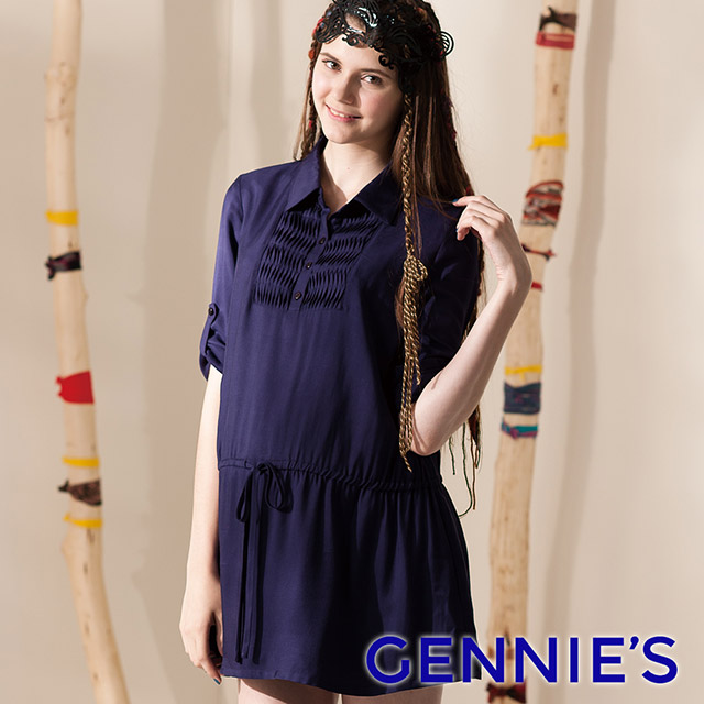 Gennies奇妮 襯衫式七分袖抽繩綁帶長版上衣-紫(G3412)