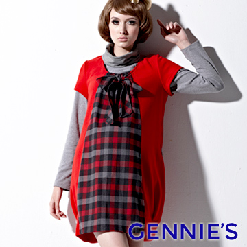 Gennies奇妮 甜美雅緻紫格紋秋冬洋裝(H2204)