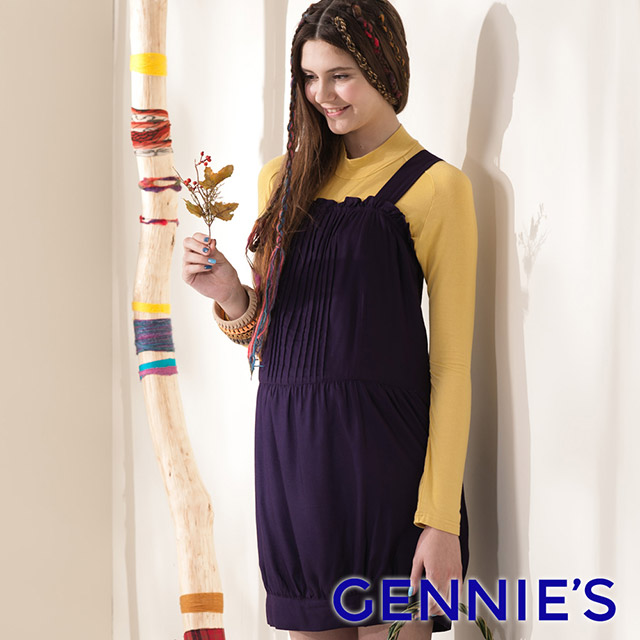 Gennies奇妮 可愛小花苞褶飾綁帶背心洋裝-紫(G2401)