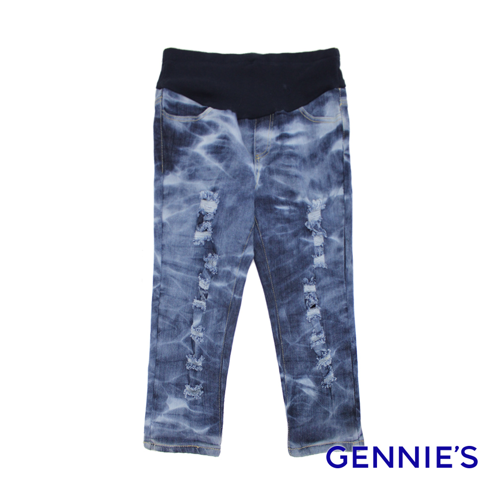 Gennies奇妮 水洗紋刷色抓破造型牛仔七分褲-藍(G4118)