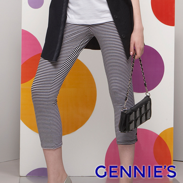 Gennies奇妮 時尚品味條紋棉質七分內搭褲-黑灰(G4852)
