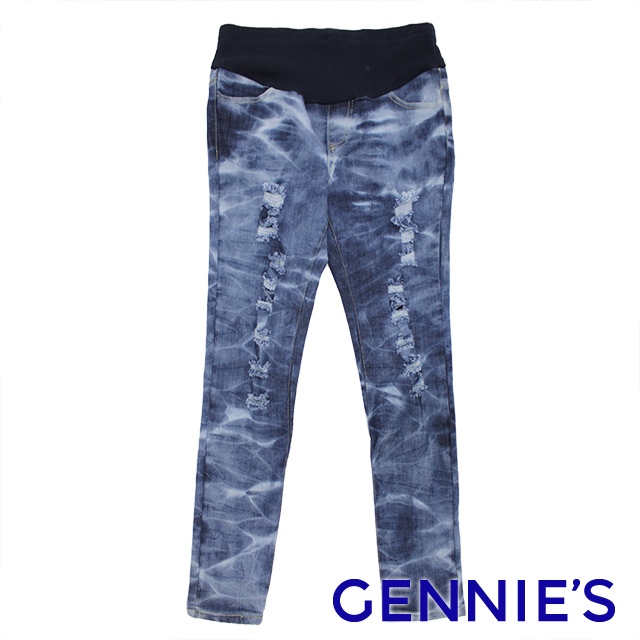 Gennies奇妮 水洗紋刷色抓破造型牛仔貼腿褲-黑/藍(G4119)