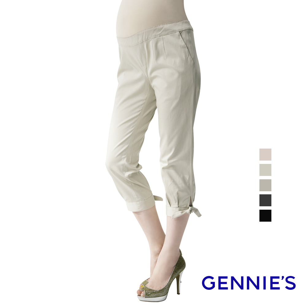 Gennies奇妮 蝴蝶結綁帶造型一體成型七分褲(淺卡/卡其/卡卡/黑灰/黑G4V82)