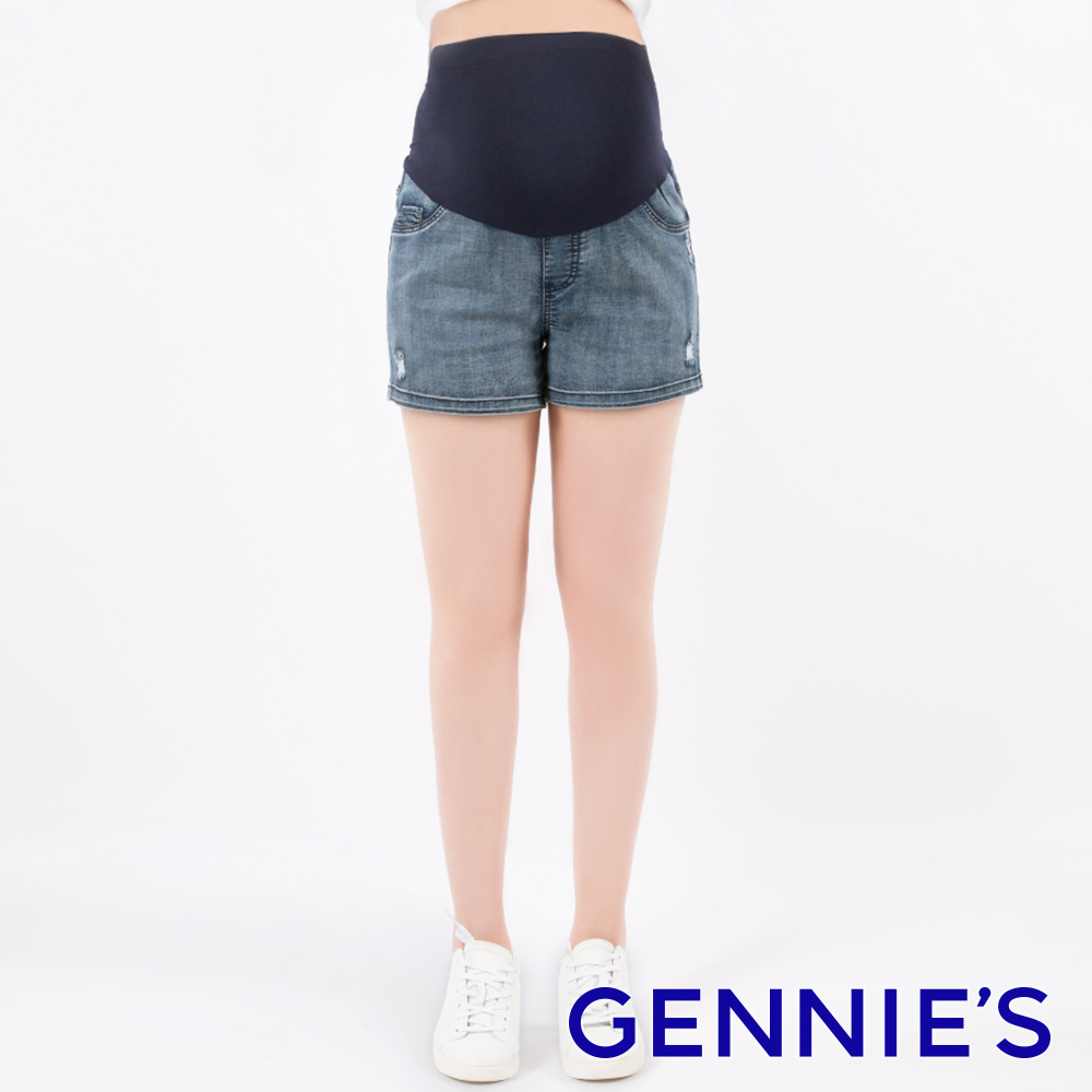 Gennies奇妮 刷破造型彈力孕婦牛仔短褲(藍T4J15)