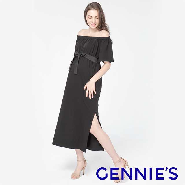Gennies奇妮 一字領綁帶式孕婦洋裝(黑T1J02)