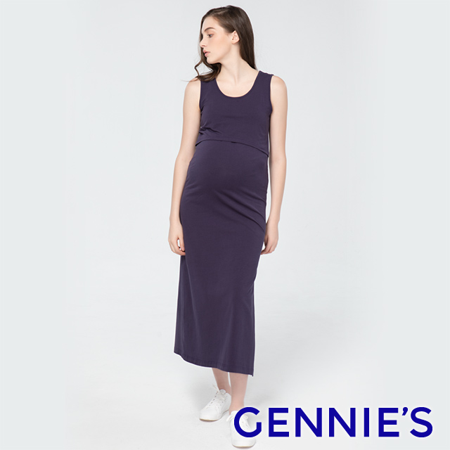 Gennies奇妮 彈力無袖連身哺乳洋裝(紫T1J11)