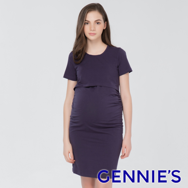 Gennies奇妮 一件式修身哺乳洋裝(紫T1J16)