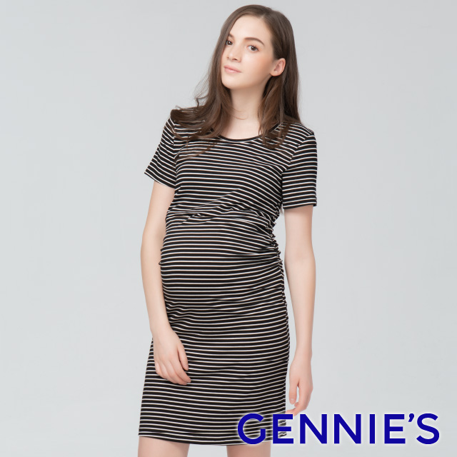 Gennies奇妮 一件式修身哺乳洋裝(黑白條紋T1J06)
