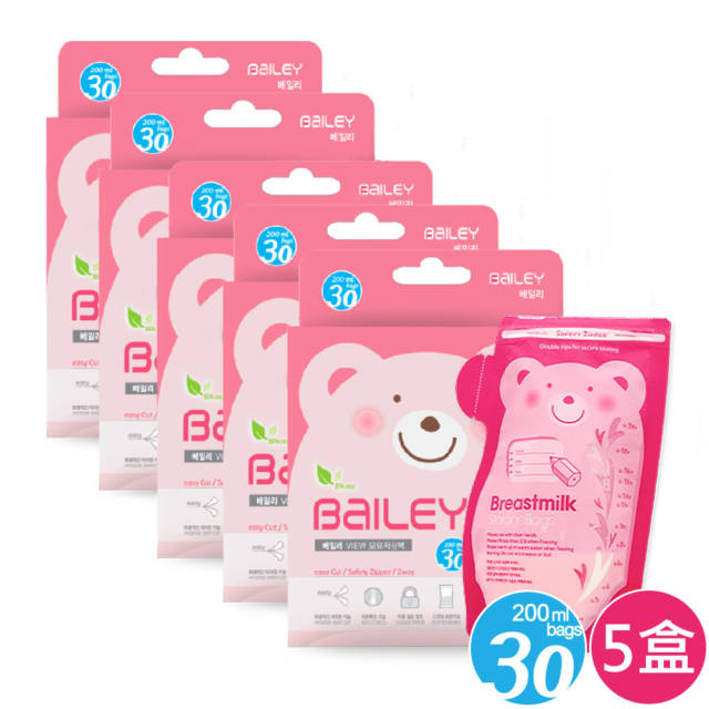 韓國BAILEY貝睿 感溫母乳儲存袋-壺嘴型200ml 30入 (5盒)