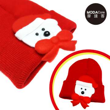 【摩達客】兒童嬰幼兒聖誕小白熊蝴蝶結保暖毛線帽針織帽(紅色)