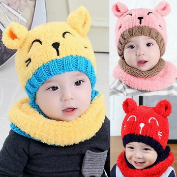 韓版毛絨笑臉眯眼貓咪兒童帽子+圍脖二件套