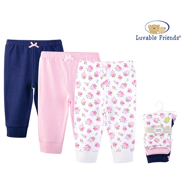 美國 luvable friends 100%純棉嬰幼兒長褲3件組 粉白碎花(LF32346)