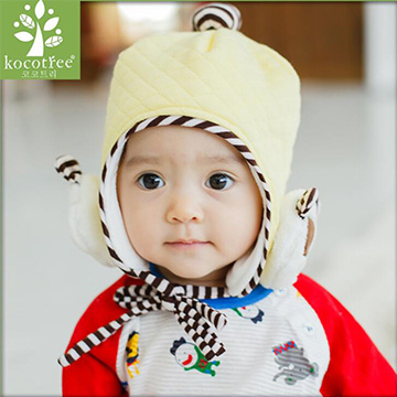 Lemonkid 檸檬寶寶◆可愛小熊馬卡龍純色菱格條紋兒童保暖毛線護耳帽-黃色