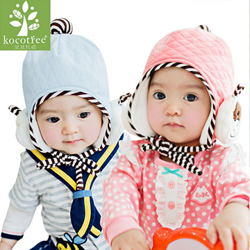 Lemonkid 檸檬寶寶◆可愛小熊馬卡龍純色菱格條紋兒童保暖毛線護耳帽-藍色