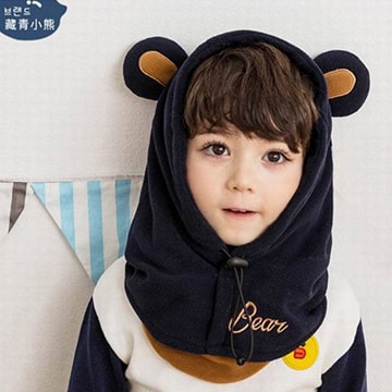 Lemonkid 檸檬寶寶◆新款冬季兒童可愛護耳護頸套頭連帽保暖面罩-藏青小熊