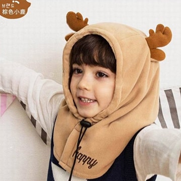 Lemonkid 檸檬寶寶◆新款冬季兒童可愛護耳護頸套頭連帽保暖面罩-棕色小鹿