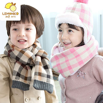 Lemonkid 檸檬寶寶◆經典百搭格紋舒適保暖兒童護耳毛絨帽+圍巾 2件套