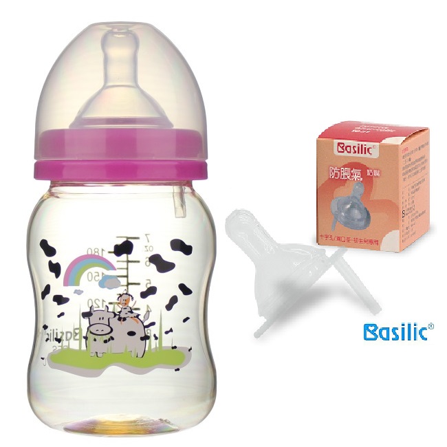 Basilic【貝喜力克】防脤氣寬口徑PES乳牛奶瓶180ml(加送十字奶嘴2入)