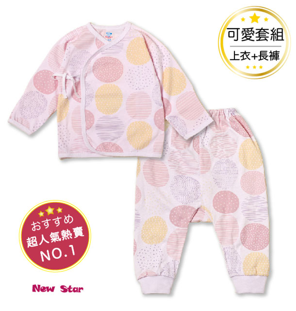 New Star-日式和風彩色圓點點 純棉新生兒長袖肚衣+長褲套組(薄)(短袖)-3M 6M 12M 藍色 粉紅色