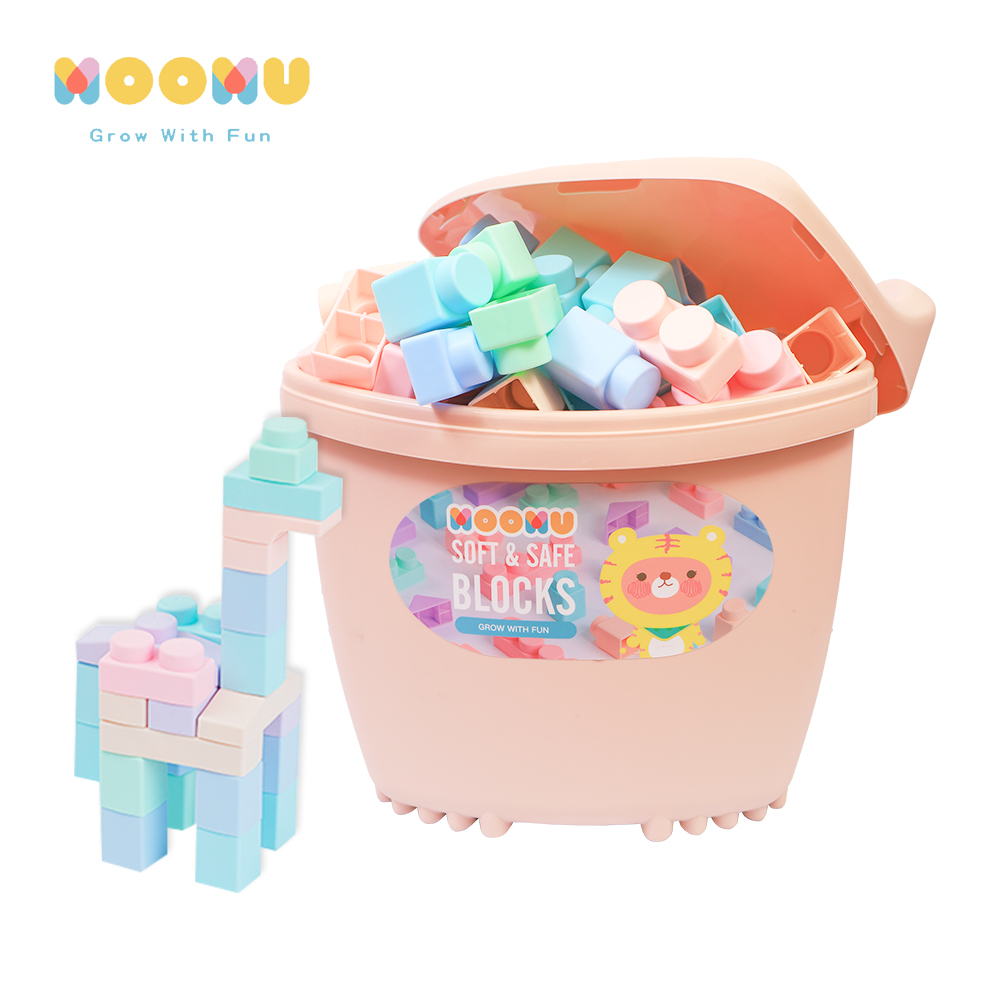【MOOMU】馬卡龍香草軟積木 120pcs 收納桶裝組 - 粉色