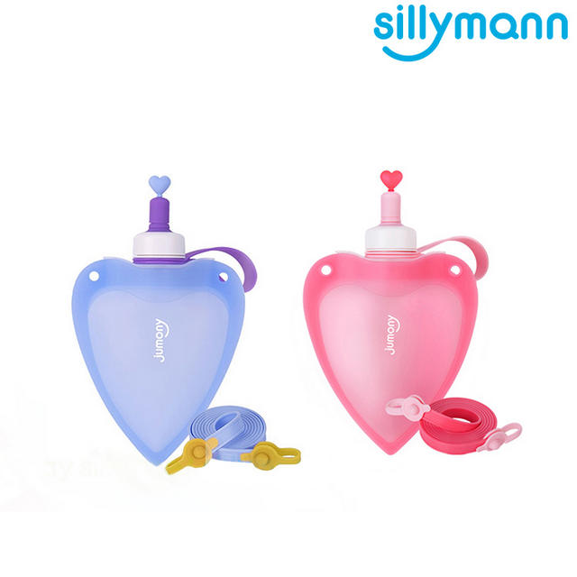 【韓國sillymann】 100%兒童便攜捲式鉑金矽膠心型水瓶-250ml