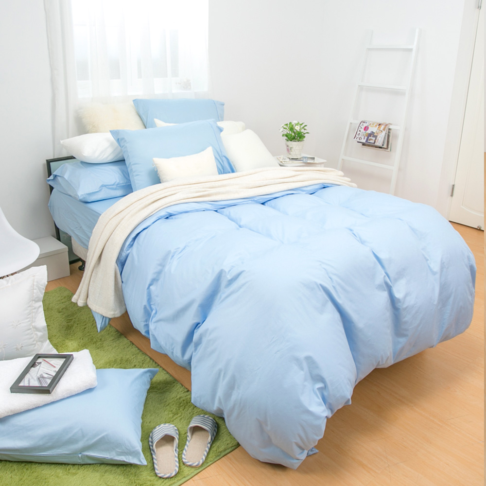 鴻宇HongYew 100%精梳棉 簡約純色-水樣藍 雙人床包枕套三件組