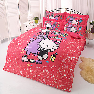 【享夢城堡】HELLO KITTY x RODY 歡樂時光系列-雙人純棉四件式床包薄被套組(紅)